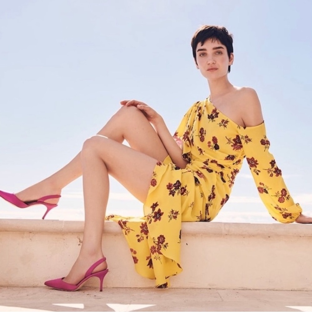 A.L.C. Silk Florence Yellow Asymmetrical Floral Midi Dress